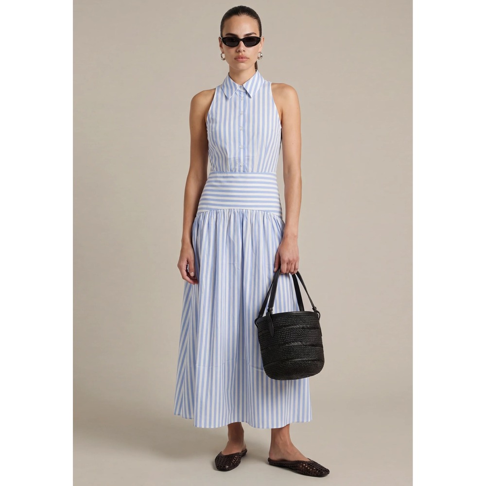 o.p.t Blyss Blue White Striped Sleeveless Tiered Maxi Dress Size 6 NWT